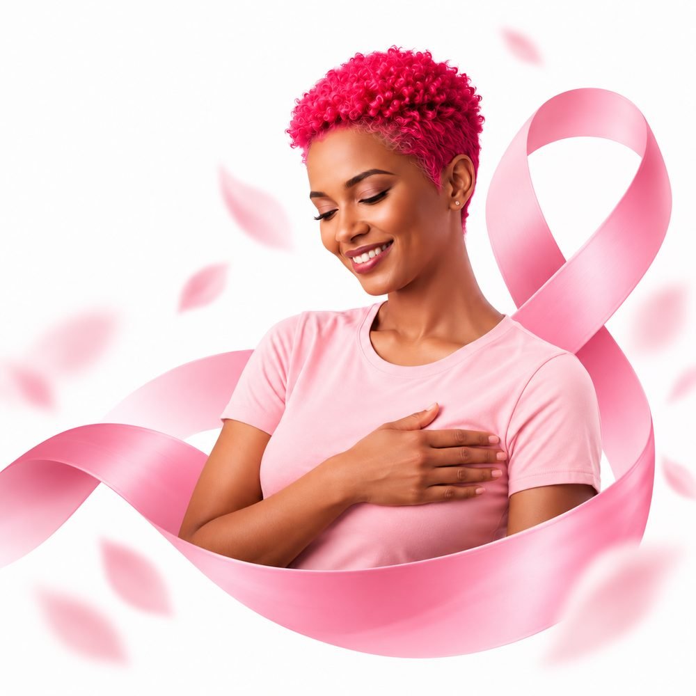Mulher sorrindo com a mão no peito, envolvida por uma fita rosa do Outubro Rosa